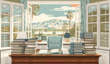 The image portrays a serene home office setting with a polished wooden desk neatly arranged with legal documents like wills and trusts, set against a sunlit window view of the Coachella Valley's palm trees and mountains, all in warm, welcoming tones that convey professionalism and accessibility.