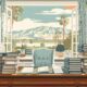 The image portrays a serene home office setting with a polished wooden desk neatly arranged with legal documents like wills and trusts, set against a sunlit window view of the Coachella Valley's palm trees and mountains, all in warm, welcoming tones that convey professionalism and accessibility.