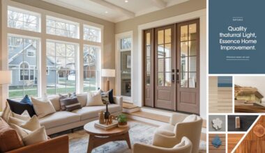 The image depicts a modern, family-oriented living room with large windows allowing natural light to flood the space, a sleek new door, and elegant hardwood flooring.