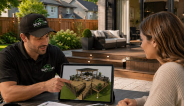 deck contractor reviewing a deck design with a toronto homeowner