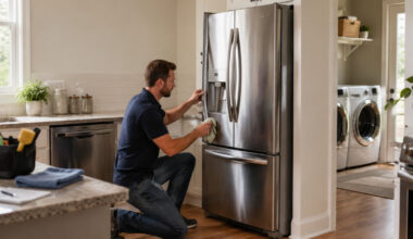 Homeowner cleaning a refrigerator in a modern kitchen with a washer and dryer visible in the adjacent laundry area.