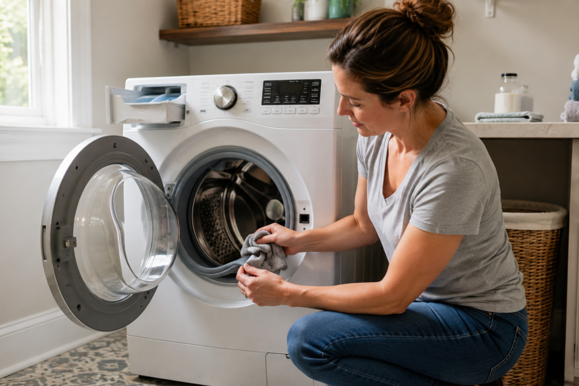 Homeowner cleaning the rubber gasket of a front-loading washing machine in a bright, modern laundry room.